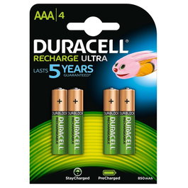 Duracell HR03-A - Pack 4 Pilas AAA Recargables PreCharged 1.2V 850mAh, Tecnología Duralock, Listas para Usar